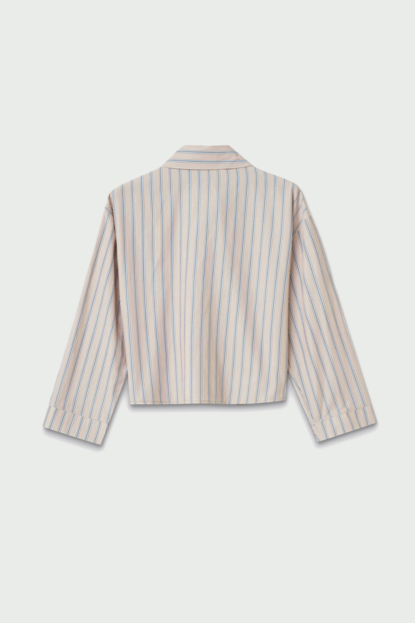 Çizgili Kısa Gömlek Pudra - 5