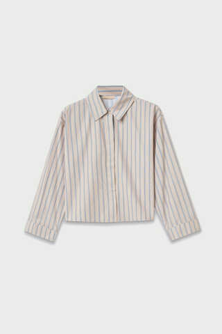 Çizgili Kısa Gömlek Pudra - 2