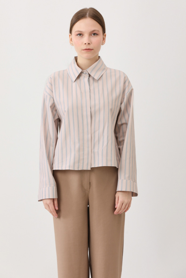 Çizgili Kısa Gömlek Pudra 
