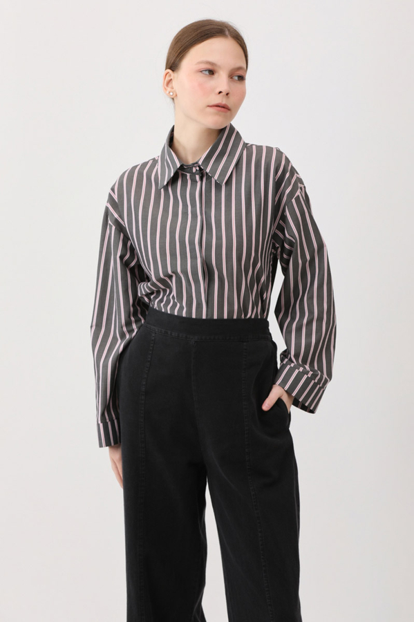 Çizgili Kısa Gömlek Siyah - 8
