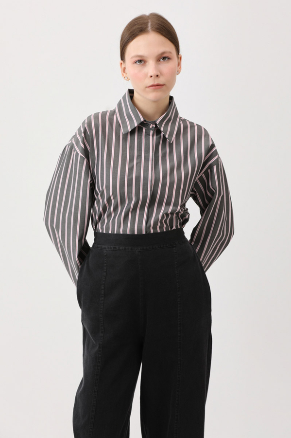 Çizgili Kısa Gömlek Siyah - 9