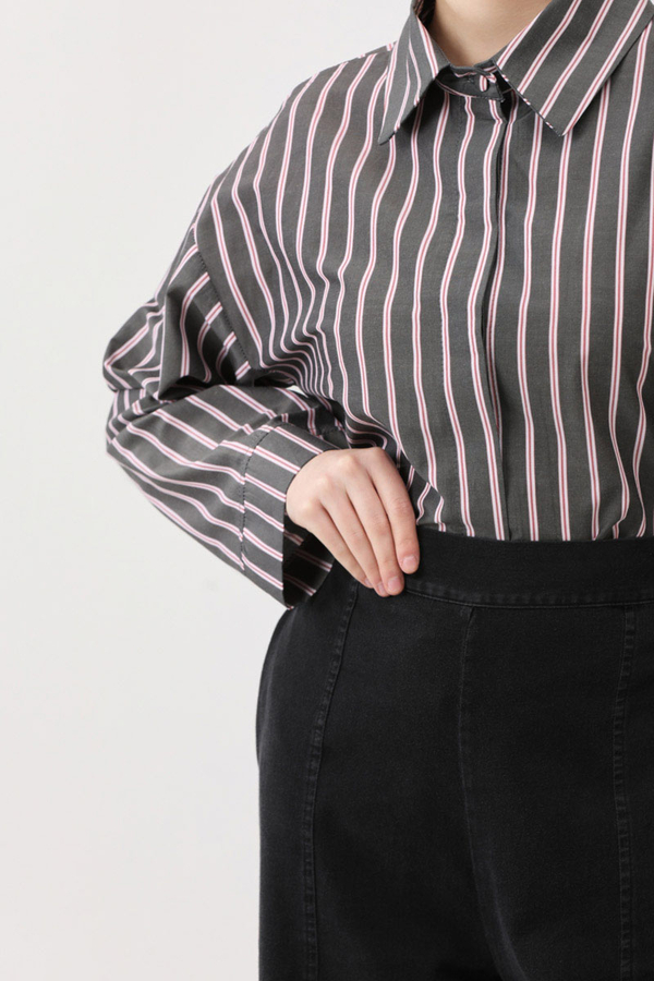 Çizgili Kısa Gömlek Siyah - 5