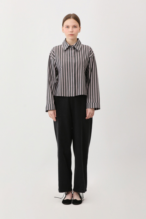 Çizgili Kısa Gömlek Siyah - 1