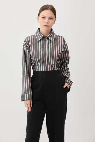 Çizgili Kısa Gömlek Siyah - 6