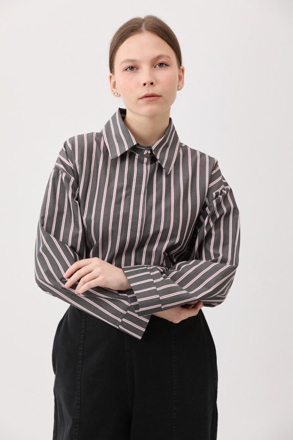 Çizgili Kısa Gömlek Siyah - 11