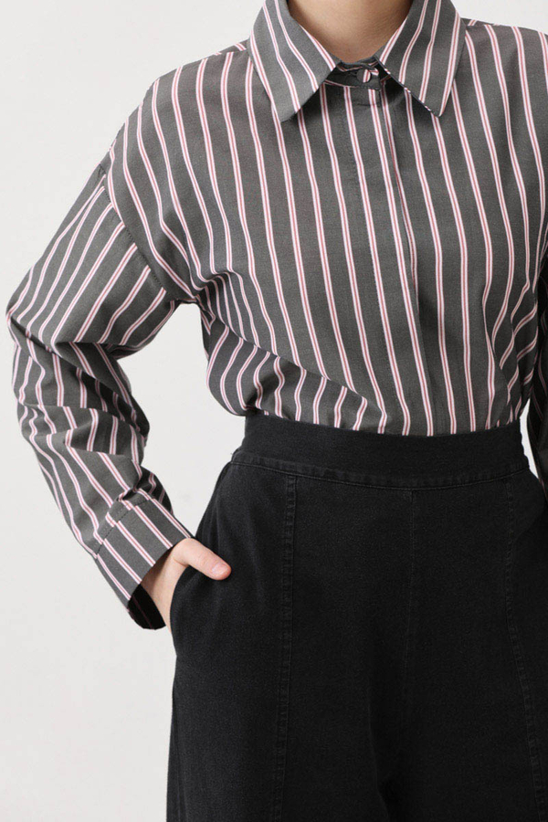 Çizgili Kısa Gömlek Siyah - 12