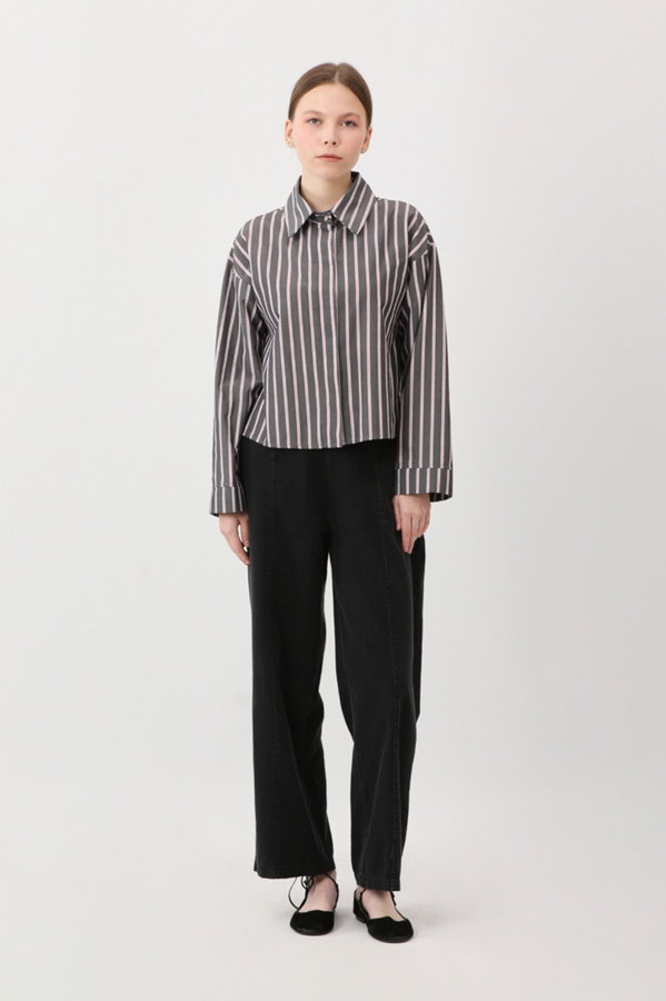 Çizgili Kısa Gömlek Siyah - 7