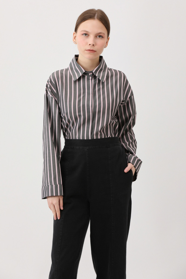 Çizgili Kısa Gömlek Siyah - 6
