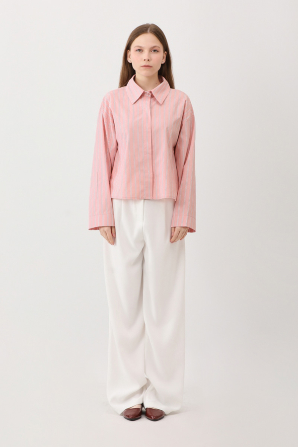 Çizgili Kısa Gömlek Toz Pembe - 6
