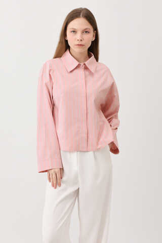 Çizgili Kısa Gömlek Toz Pembe - 7