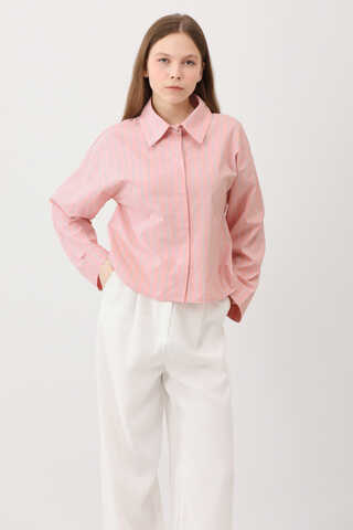 Çizgili Kısa Gömlek Toz Pembe - 8