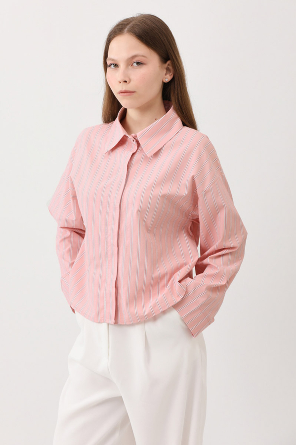 Çizgili Kısa Gömlek Toz Pembe - 9