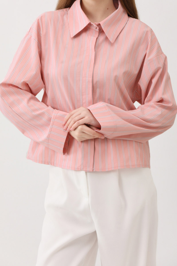 Çizgili Kısa Gömlek Toz Pembe - 11