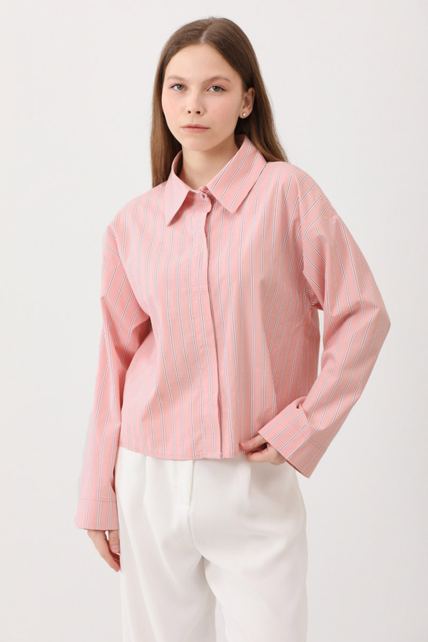 Çizgili Kısa Gömlek Toz Pembe - 3