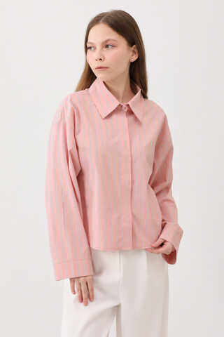 Çizgili Kısa Gömlek Toz Pembe - 5