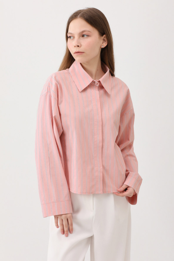 Çizgili Kısa Gömlek Toz Pembe - 5