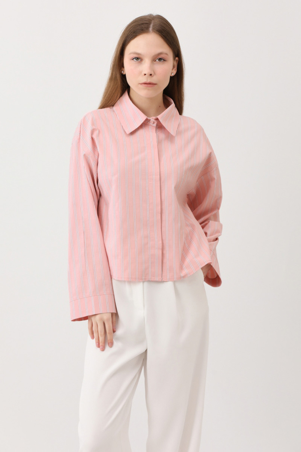 Çizgili Kısa Gömlek Toz Pembe - 7