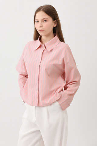 Çizgili Kısa Gömlek Toz Pembe - 9