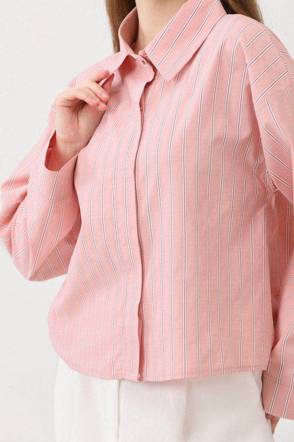 Çizgili Kısa Gömlek Toz Pembe - 10