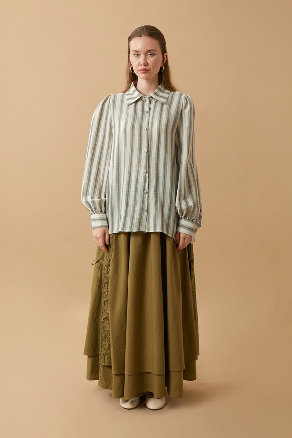Çizgili Müslin Gömlek Haki - 2