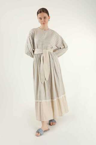 Çizgili Pileli Elbise Mavi - 3