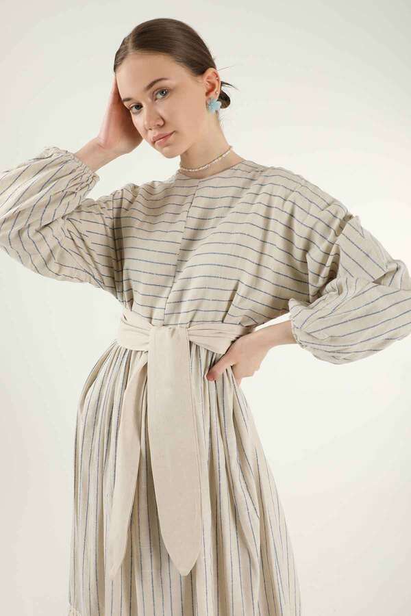 Çizgili Pileli Elbise Mavi - 4