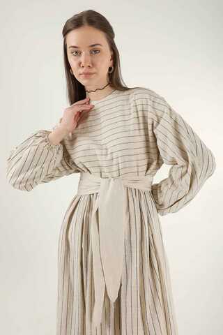 Çizgili Pileli Elbise Siyah - 4