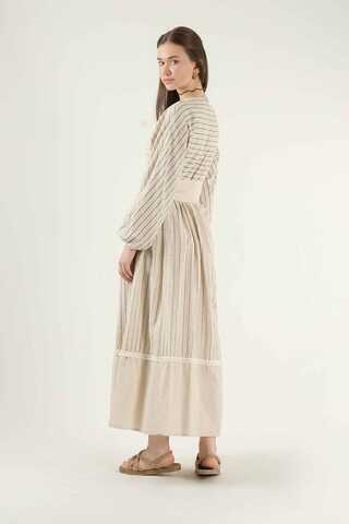 Çizgili Pileli Elbise Siyah - 5