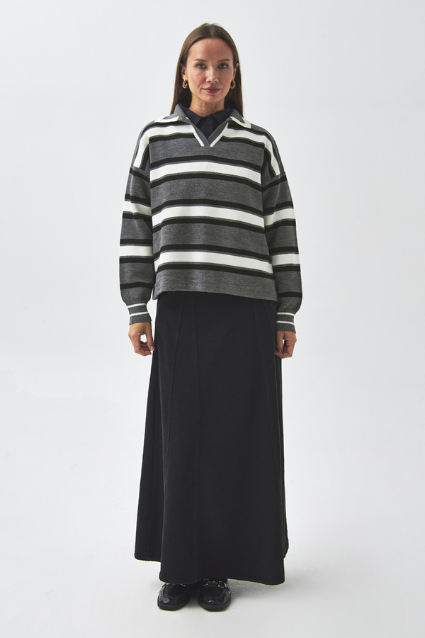 Çizgili Polo Kazak Gri (1)