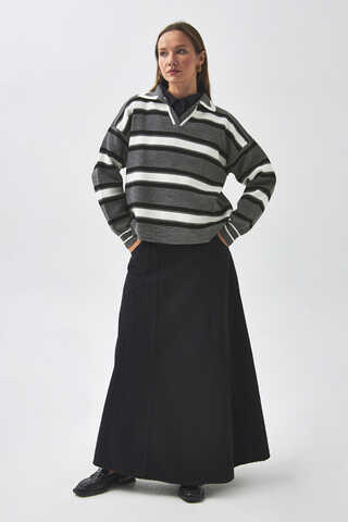 Çizgili Polo Kazak Gri - 3