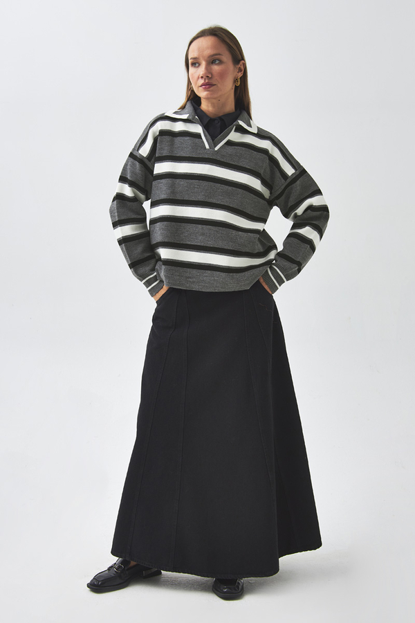 Çizgili Polo Kazak Gri - 3