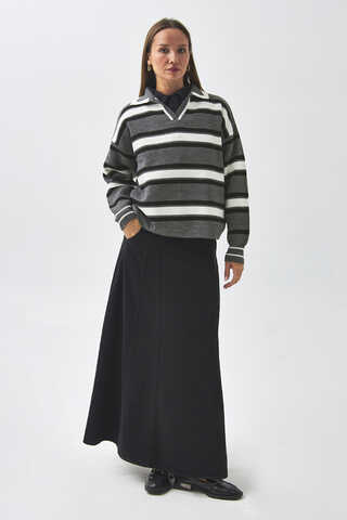 Çizgili Polo Kazak Gri - 4