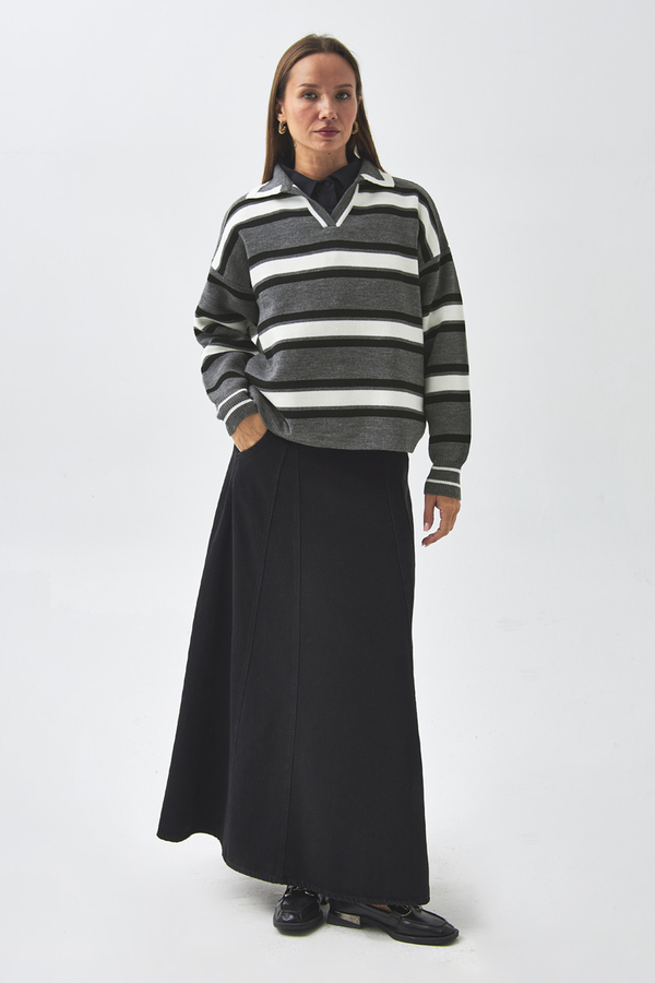 Çizgili Polo Kazak Gri - 4