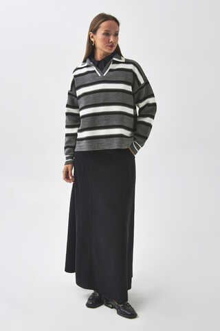 Çizgili Polo Kazak Gri - 5