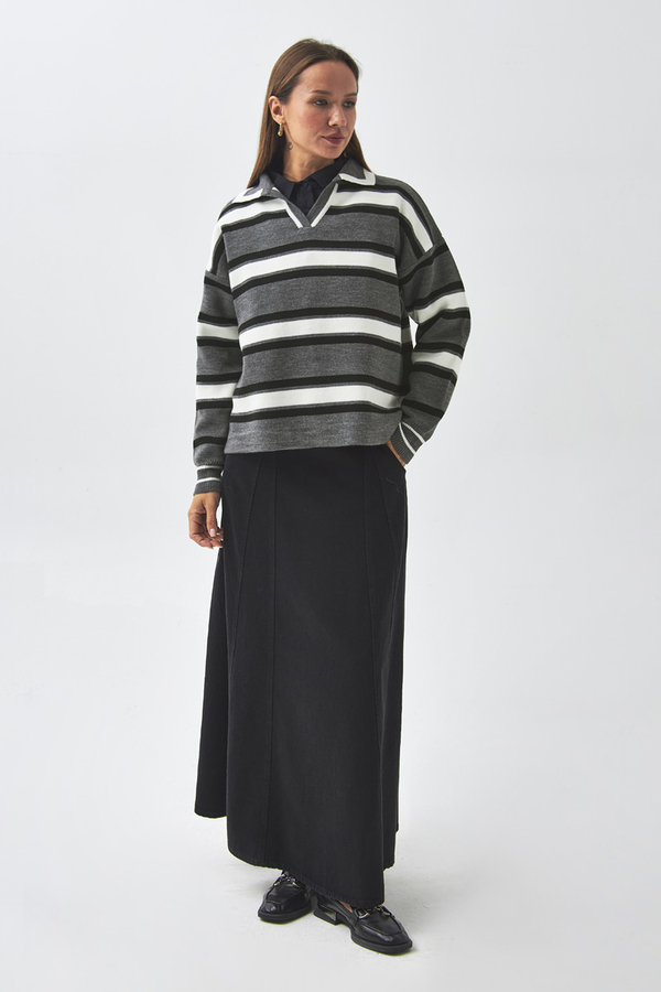 Çizgili Polo Kazak Gri - 5