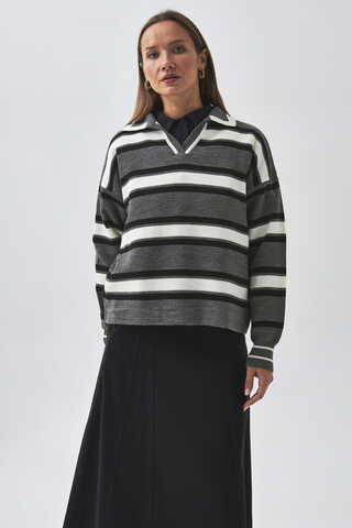 Çizgili Polo Kazak Gri - 6