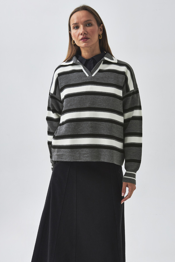 Çizgili Polo Kazak Gri - 6