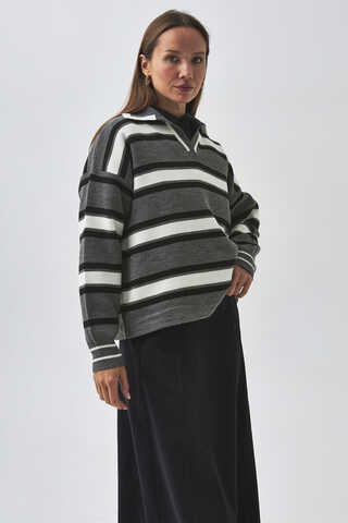 Çizgili Polo Kazak Gri - 8