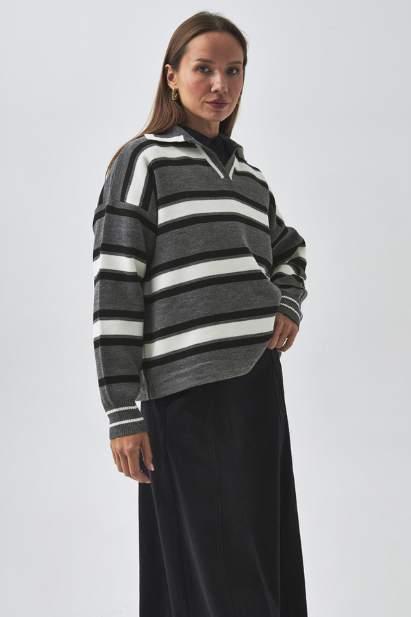 Çizgili Polo Kazak Gri - 8