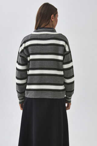 Çizgili Polo Kazak Gri - 10