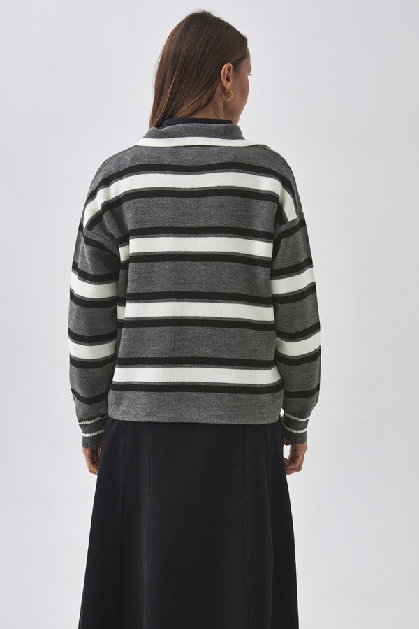 Çizgili Polo Kazak Gri - 10