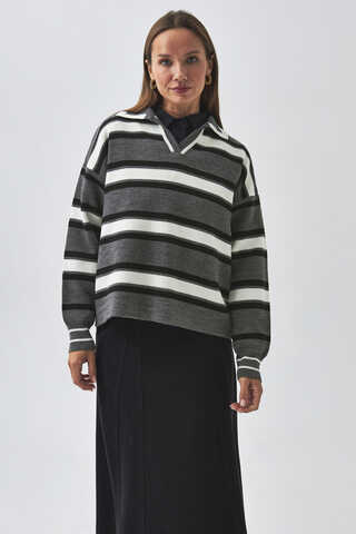 Striped Polo Sweater Grey