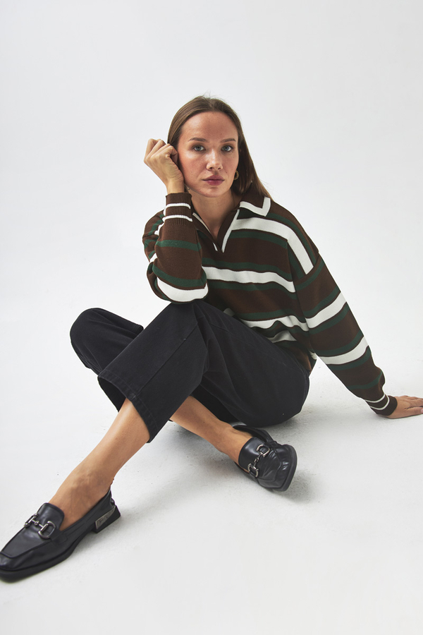 Çizgili Polo Kazak Kahverengi - 2