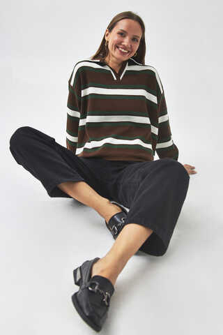 Çizgili Polo Kazak Kahverengi - 9