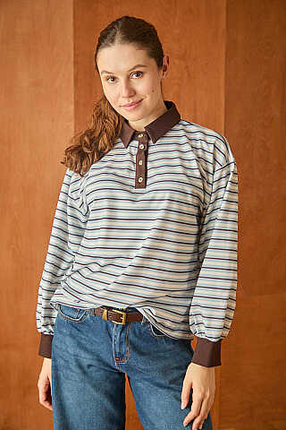 Çizgili Polo Yaka Düğmeli  Sweatshirt  Bebe Mavisi - 2