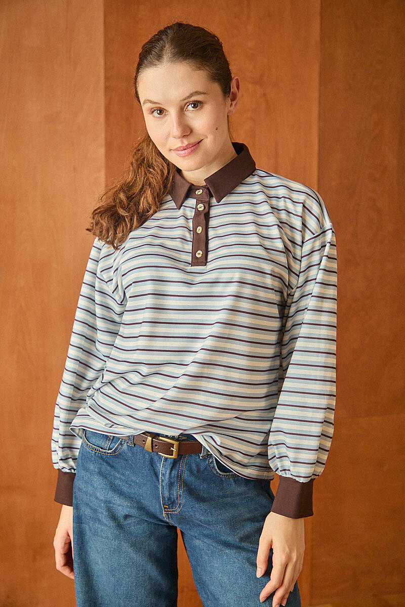 Çizgili Polo Yaka Düğmeli  Sweatshirt  Bebe Mavisi - 2
