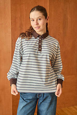 Çizgili Polo Yaka Düğmeli  Sweatshirt  Bebe Mavisi - 4