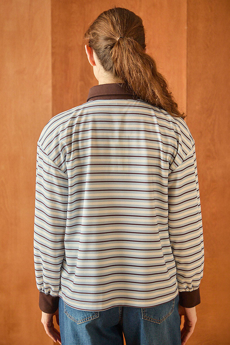 Çizgili Polo Yaka Düğmeli  Sweatshirt  Bebe Mavisi - 6