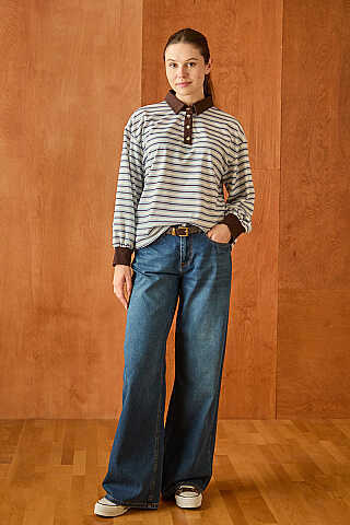 Çizgili Polo Yaka Düğmeli  Sweatshirt  Bebe Mavisi - 5