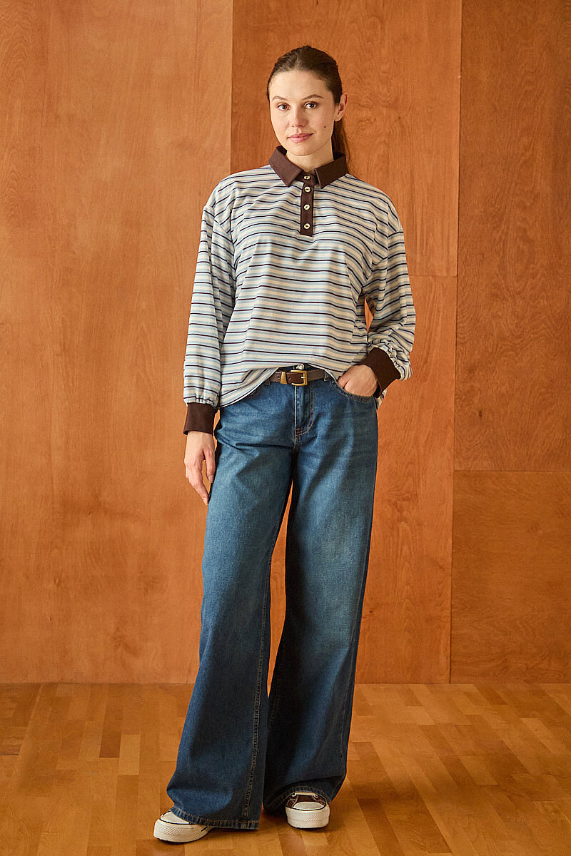 Çizgili Polo Yaka Düğmeli  Sweatshirt  Bebe Mavisi - 5
